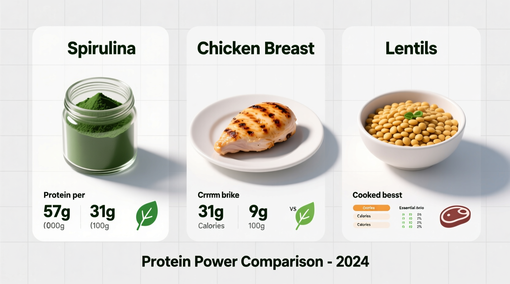 Comparison of high-protein foods including spirulina, chicken, and lentils