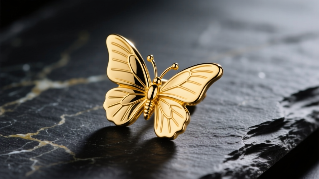 Macro shot of a polished 14k yellow gold butterfly earring back on dark slate under soft directional studio lighting