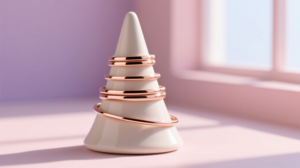 Close-up of a ceramic ring cone tree holding five delicate rose gold stacking rings and thin midi bands on a soft pastel backdrop
