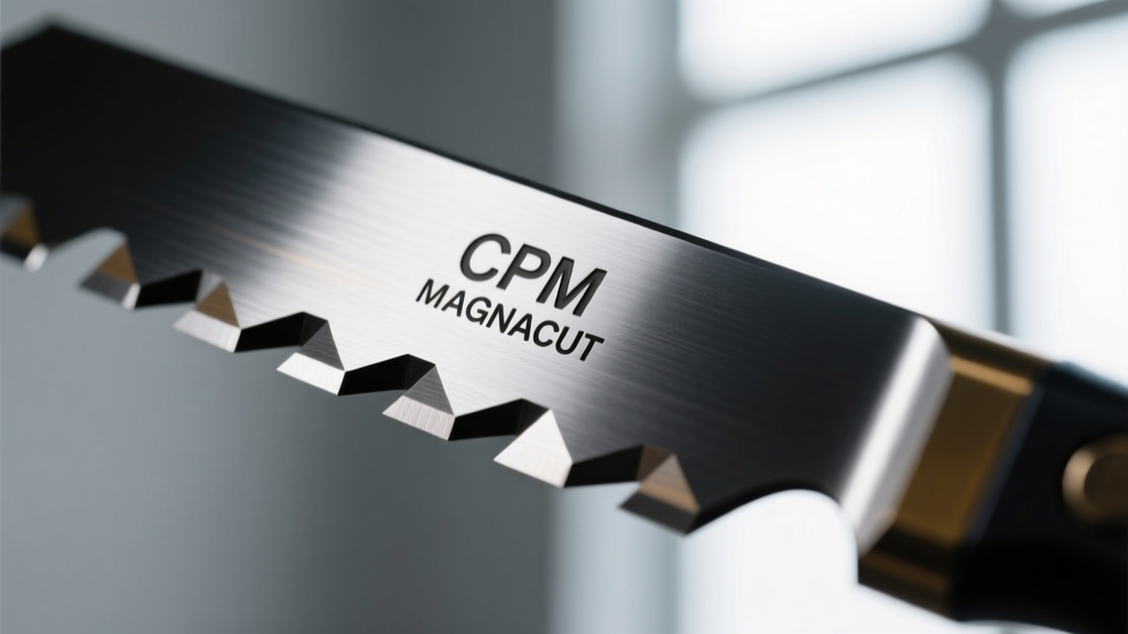 Close-up macro photography of a CPM MagnaCut steel blade edge reflecting light, showcasing the micro-bevel and laser-engraved maker mark
