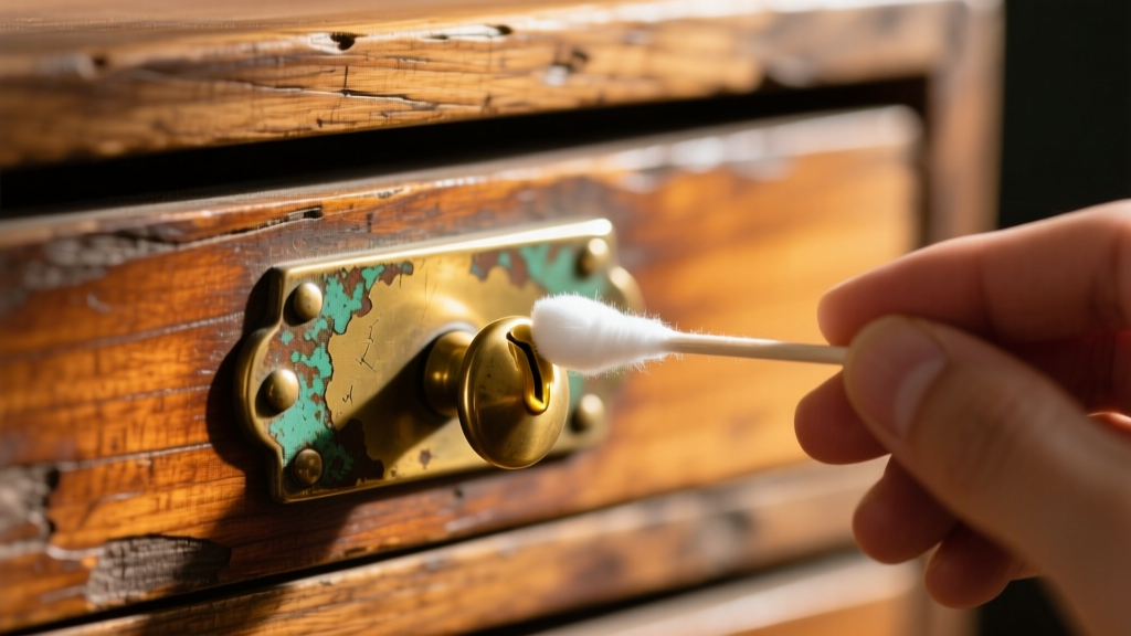 Macro shot of tarnished brass drawer pulls on a vintage wood box, showing a cotton swab applying protective wax to the metal.