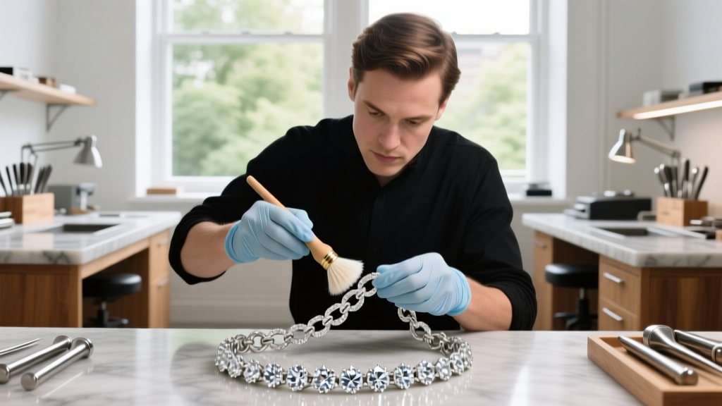 Jeweler using a soft brush and ammonia-free solution to gently scrub a thick diamond chain in a bright, professional workshop.