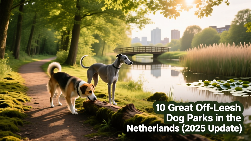 A serene, forested section of Park de Zuidert in Rotterdam with dogs exploring a shaded trail and a small pond in the background