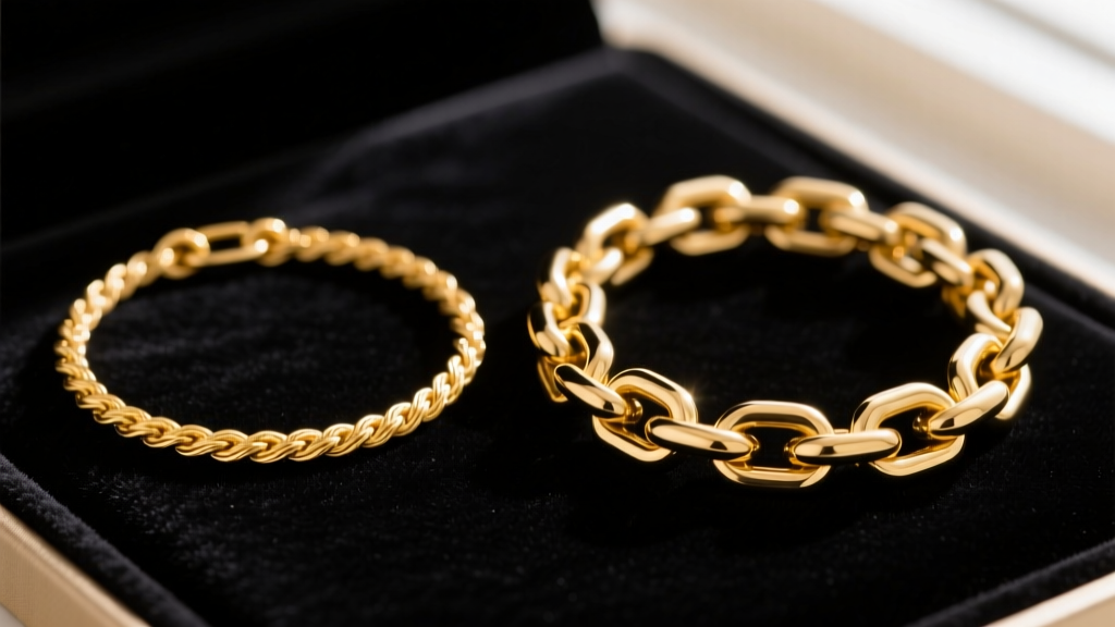Macro shot comparing a delicate 2mm 18k gold rope chain next to a heavy 10mm 10k gold Franco chain on a dark velvet display pad