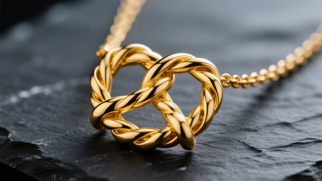 Macro shot of an 18k yellow gold pretzel necklace knot on dark slate, showing the intricate twisted metal weave and bright finish