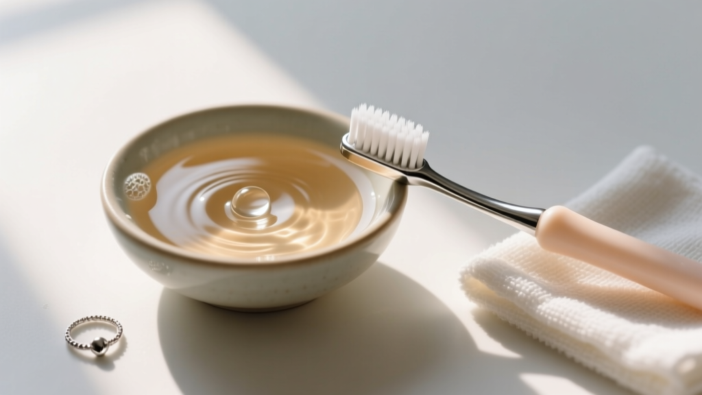 Small bowl of warm soapy water next to a soft-bristled baby toothbrush and cloth, arranged for gentle silver jewelry cleaning.