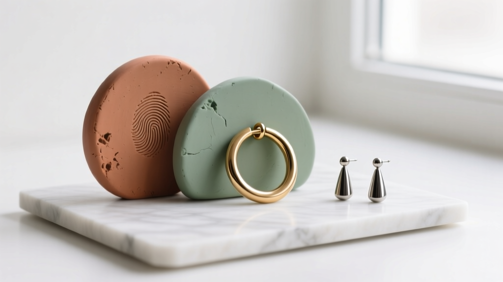 Terracotta and sage polymer clay slabs beside 20-gauge brass jump rings and titanium earring posts on a white marble cutting mat
