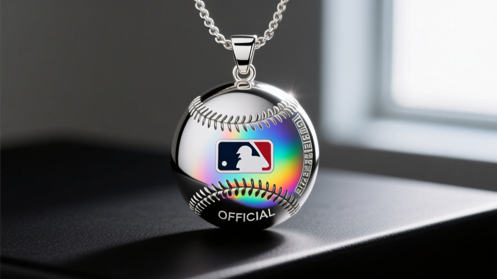 Macro shot of an official MLB hologram sticker on a sterling silver baseball pendant, highlighting iridescent security features.
