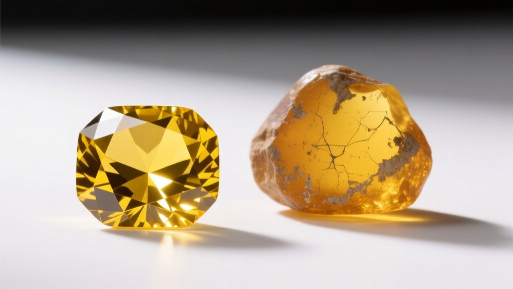 Macro shot of a vibrant faceted yellow sapphire next to a scratched, dull piece of raw yellow amber on a clean white surface.