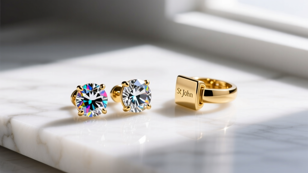 Flat lay of St John crystal stud earrings next to solid 14k gold pair comparing brass base weight and clasp on white marble.