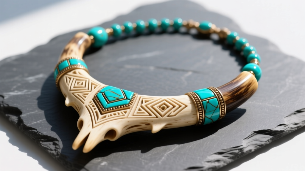 Carved elk bone Native American necklace with turquoise bead accents resting on dark slate surface in bright natural sunlight.