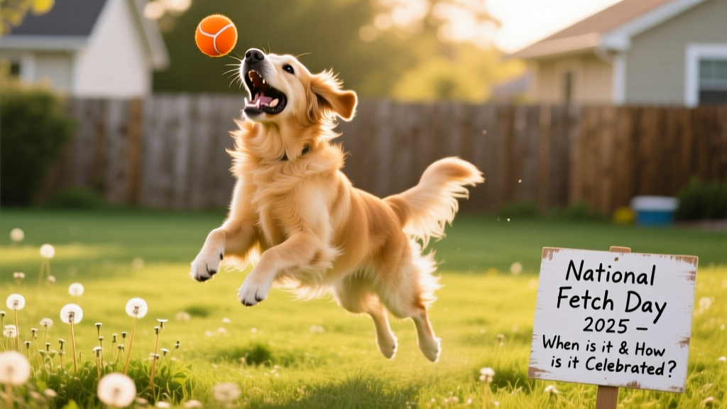 A happy dog mid-air, catching a bright orange ball during a sunny outdoor game of fetch