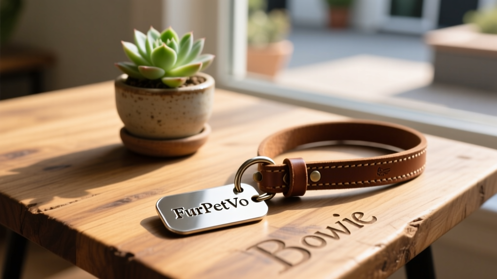 A minimalist engraved FurPetVo dog ID tag resting on a wooden table beside a leather leash and a small potted succulent