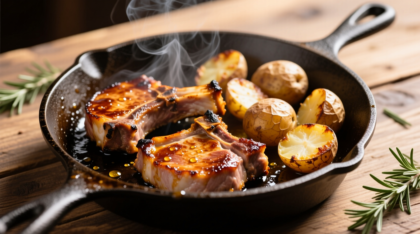 Juicy pork chops with golden roasted potatoes on cast iron skillet