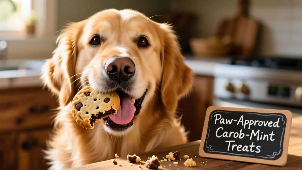 Close-up of a dog happily holding a carob-mint cookie in its mouth