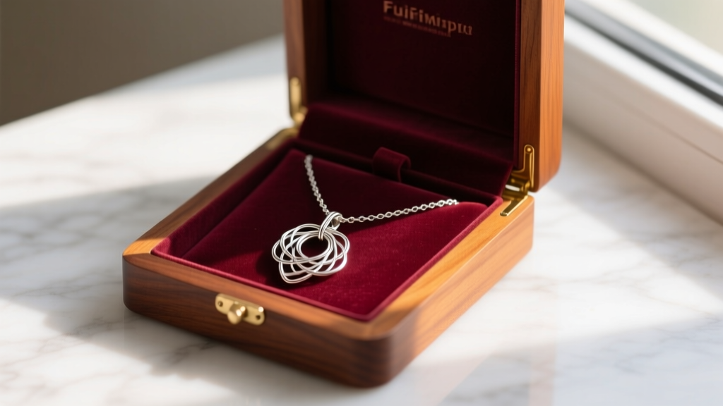 Elegant gift presentation of a wire-crocheted pendant necklace inside a velvet-lined mahogany box with a handwritten kraft paper tag