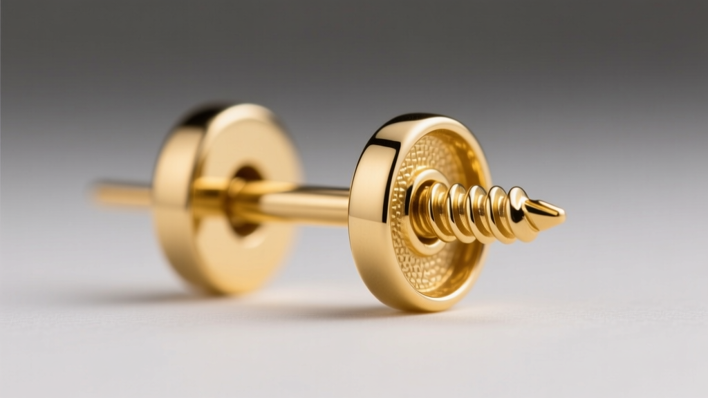 Macro photography of an 18-karat yellow gold earring screw back partially threaded onto a polished 19-gauge post, studio lighting.