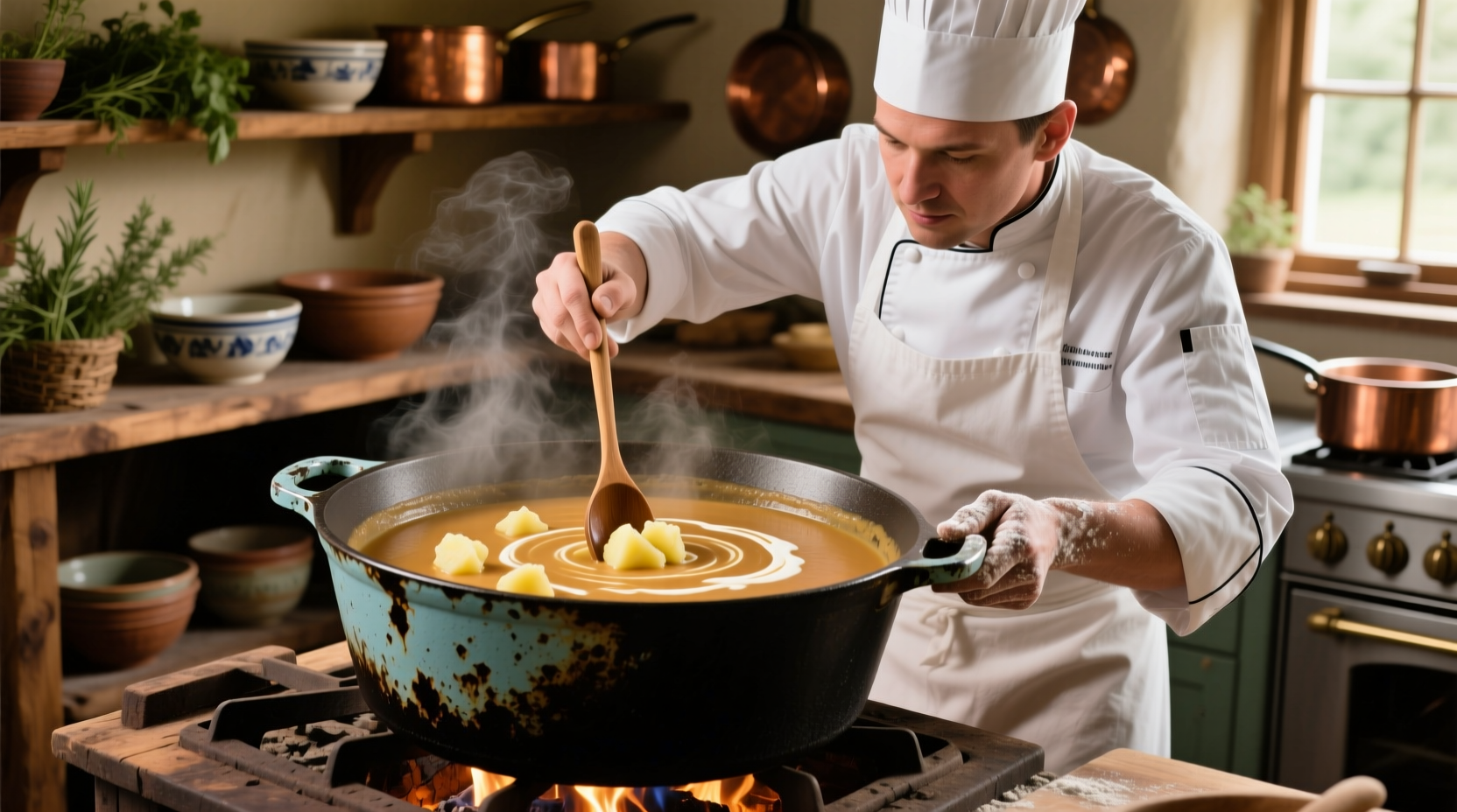 Chef preparing creamy potato soup in cast iron pot