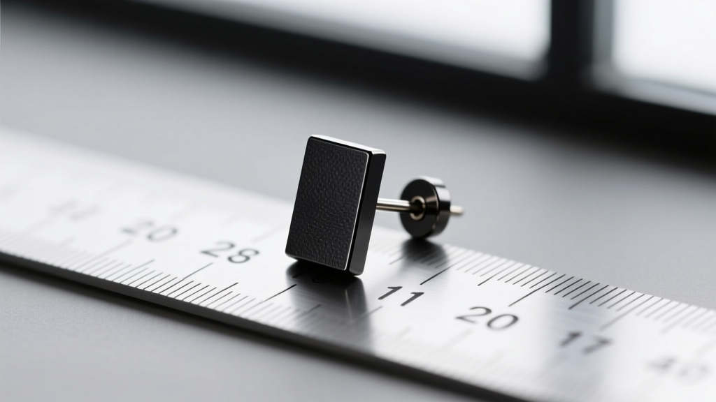 Macro shot of a 20-gauge matte black PVD coated earring post resting next to a standard millimeter ruler for precise scale