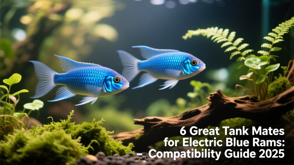 A pair of vibrant Electric Blue Rams swimming near planted aquascaping with soft lighting