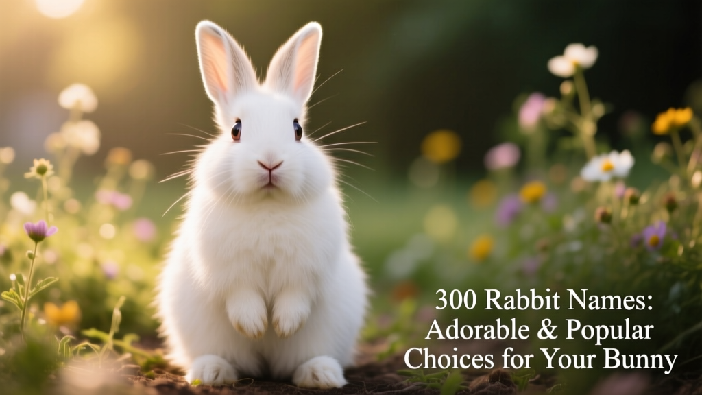 A curious, fluffy rabbit sitting upright with perked ears, looking directly at the camera
