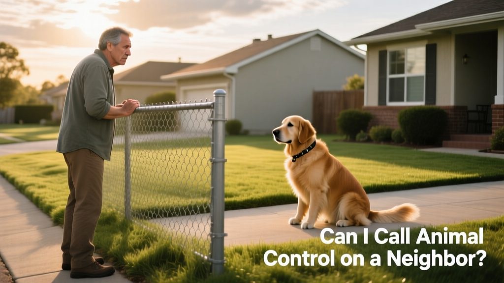 A concerned homeowner observing a neighbor's yard from a safe distance, with a dog visible in the background