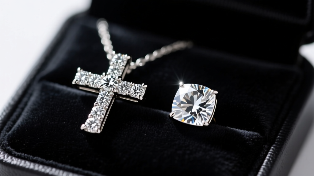 Macro shot comparing a prong-set diamond cross pendant to a bezel-set cubic zirconia alternative on a dark velvet jewelry tray.