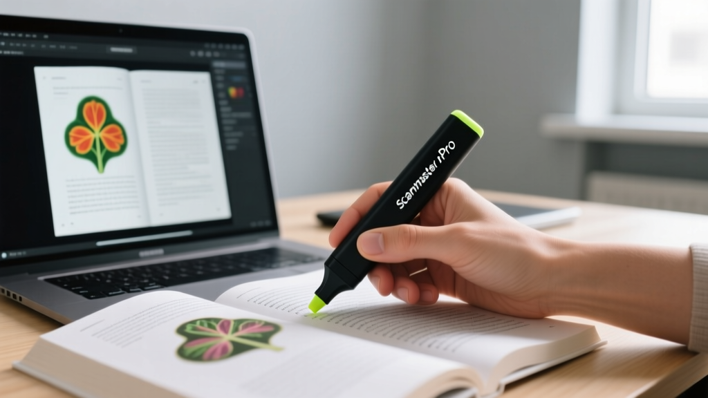 Close-up of a teacher hand using the Scanmarker Air Pro digital highlighter to scan a printed biology textbook directly into a laptop screen