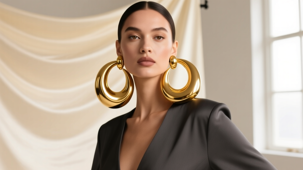 Model wearing oversized, dramatic gold statement hoop earrings, showcasing bold maximalist fashion against a soft studio backdrop.