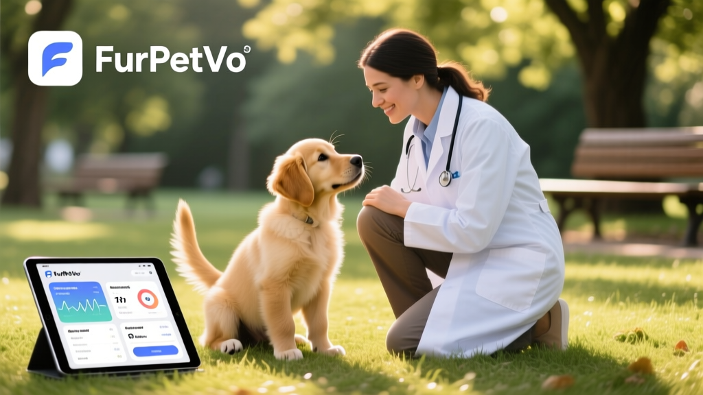 A friendly veterinarian kneeling beside a puppy during a gentle first-exam checkup, with a tablet displaying FurPetVo’s wellness tracker visible nearby