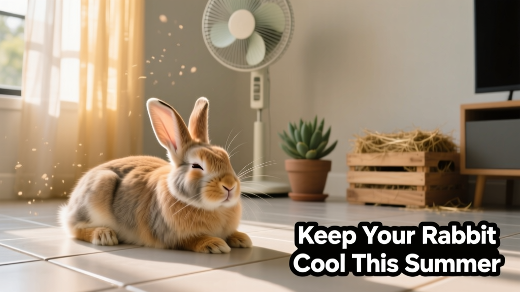 Rabbit resting comfortably on a cool ceramic tile indoors, near a gently circulating fan