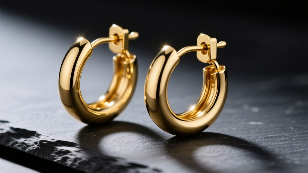 Close-up of 18k yellow gold hoop earrings on dark slate, highlighting the hinged clicker clasp mechanism and highly polished finish.
