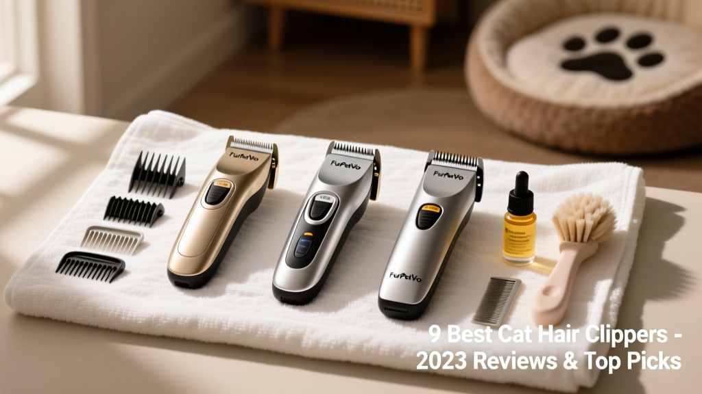 Side-by-side comparison of three FurPetVo clippers on a clean white towel, with accessories like combs, oil, and cleaning brush arranged neatly