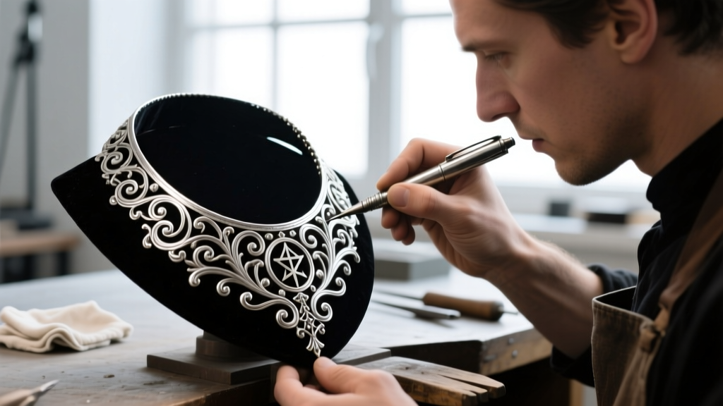 Silversmith using an electrolytic pen to remove heavy black tarnish from a complex, vintage silver theatrical collar necklace