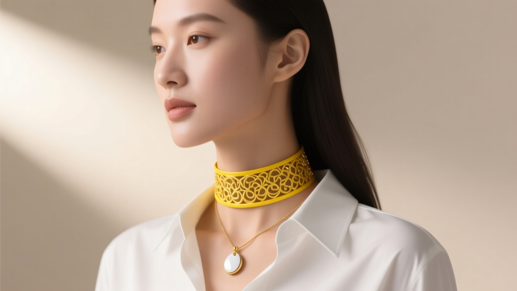Woman wearing a yellow gold choker and white gold pendant over a white shirt, captured in a soft, natural side profile view.