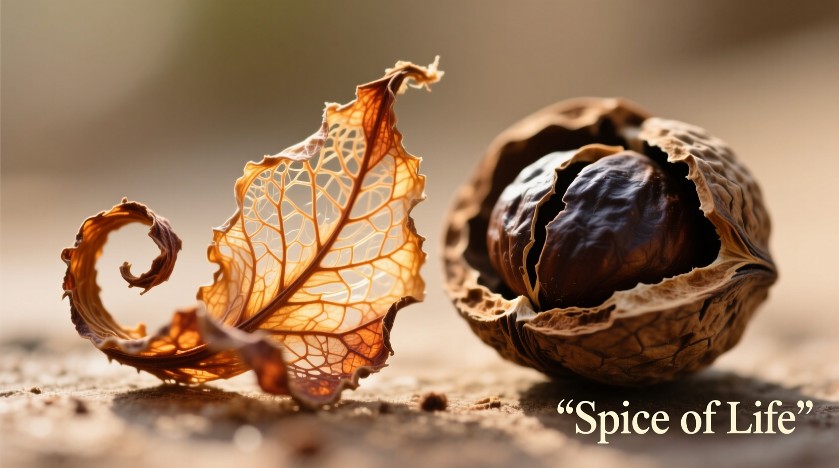 Close-up of dried mace blades next to whole nutmeg