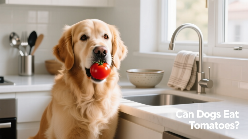 A dog gently holding a ripe red cherry tomato in its mouth, sitting on a clean kitchen counter