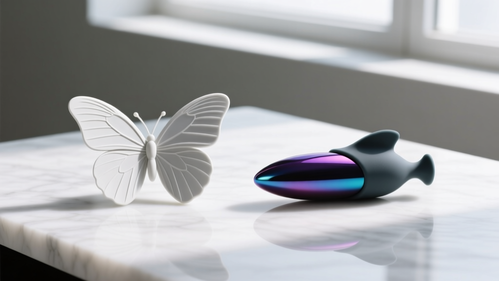 Side profile comparison of a standard butterfly friction back and a silicone bullet back resting on white marble, soft shadows.
