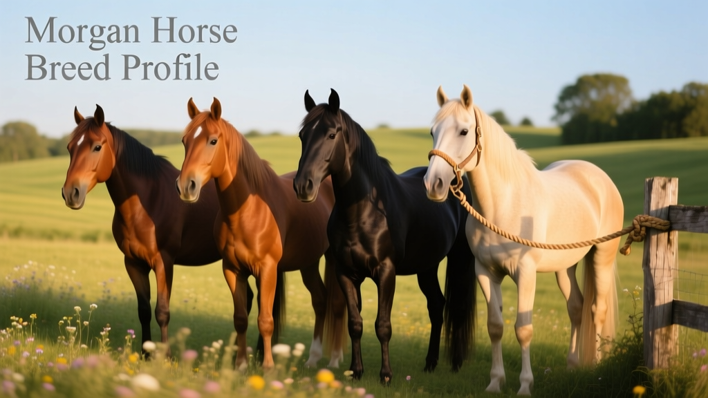 Group of four Morgan horses in varied colors—bay, chestnut, black, and palomino—standing together in a sunlit pasture