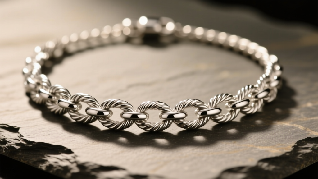 Macro shot of a solid silver byzantine necklace on slate, showing intricate woven rope links and a brilliant high polish finish.