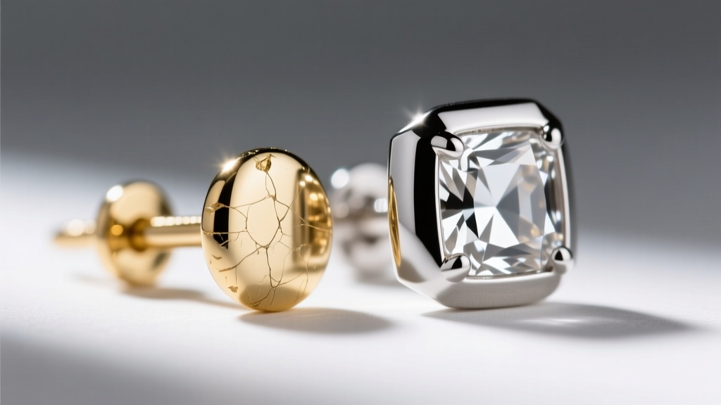 Macro view of a scratched white gold earring post beside a pristine platinum bezel setting under bright jewelry loupe lighting