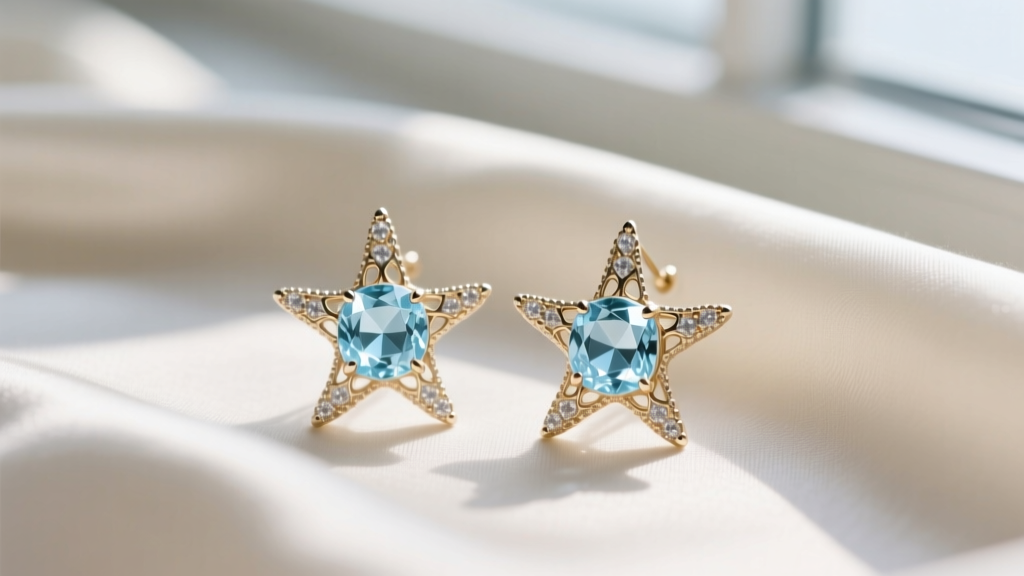 Close-up of white gold aquamarine starfish earrings on silk, highlighting pale blue gems and intricate metal prong settings.