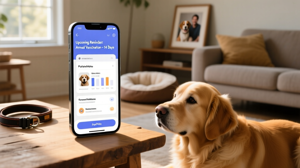 A smartphone screen displaying the FurPetVo app interface with vaccination history and upcoming wellness reminders