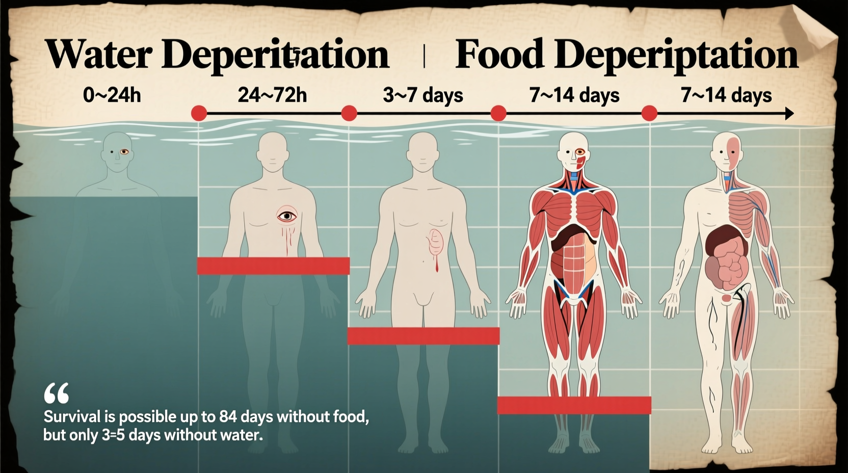 Human survival timeline infographic showing water and food deprivation effects