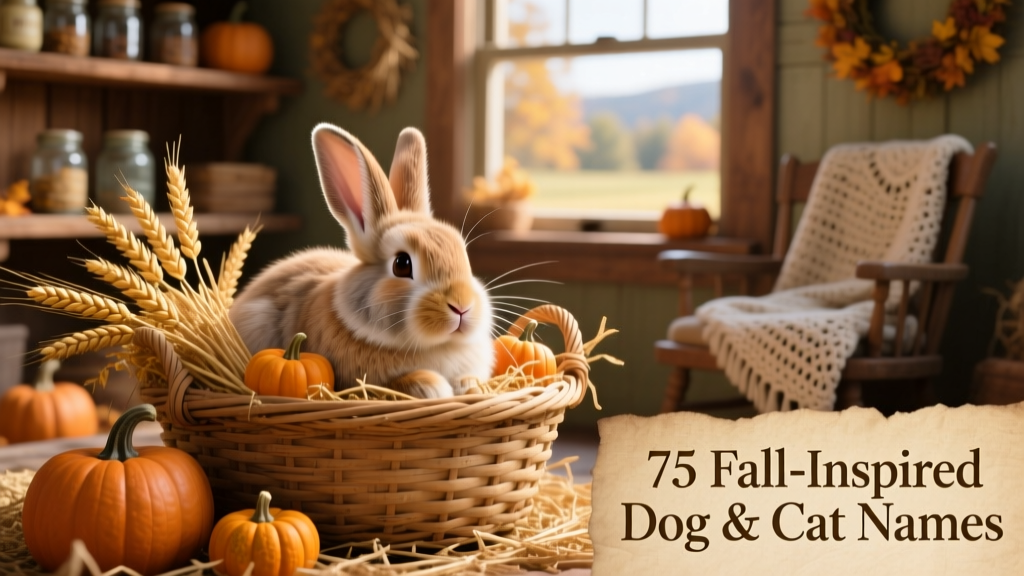 Rabbit nestled in a woven basket filled with dried wheat stalks and miniature pumpkins
