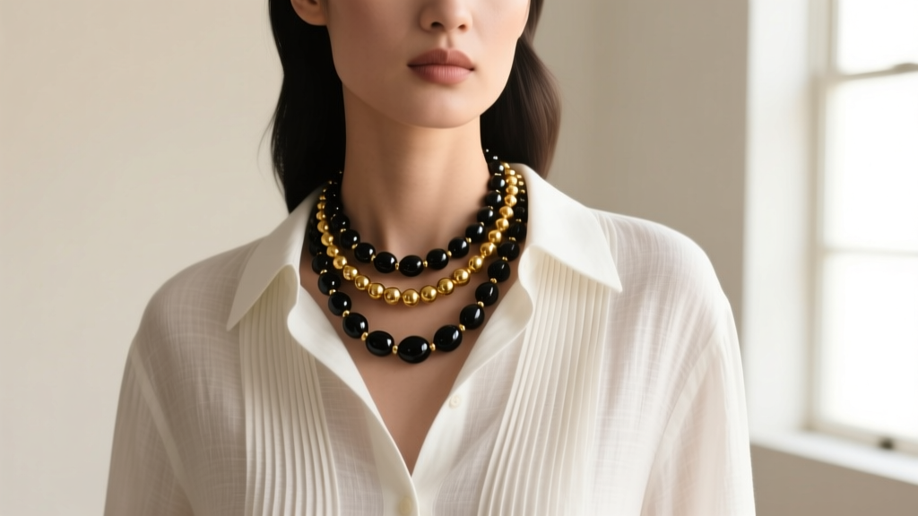 Fashion shot of a model wearing a layered black onyx and gold beads rosary necklace over a crisp white linen button-down shirt