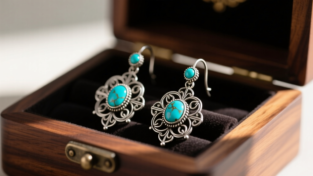 Ornate Nepal earrings with oxidized silver and turquoise stones resting on a dark wooden jewelry box in soft natural light.