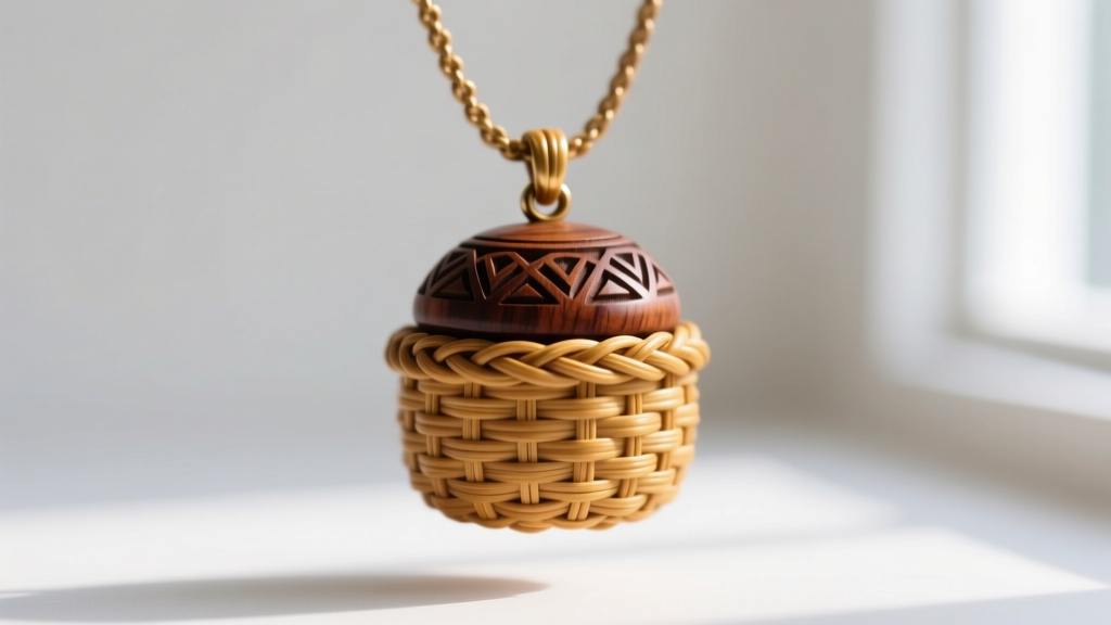 Macro photo of a miniature Nantucket basket necklace pendant woven from fine rattan cane with a carved mahogany wooden top.