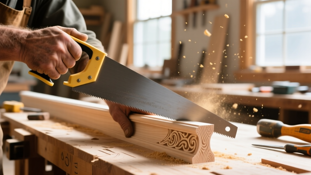 Carpenter hands using a coping saw to cut an intricate profile on solid poplar crown molding in a bright, dusty woodworking shop.