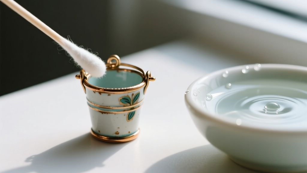 Close-up of a cotton swab gently cleaning the painted rim of a tiny enamel bucket charm, with a bowl of distilled water nearby.